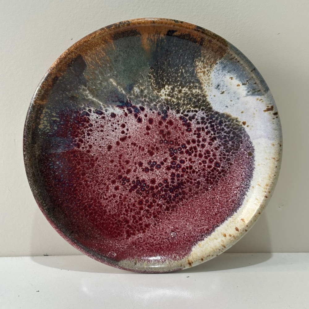 Studio Pottery Handcrafted Reactive Glaze Plate Burgundy Brown Signed Artisan 7"